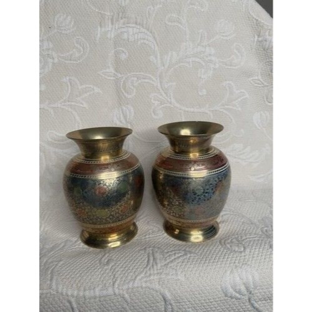 VTG Hand Engraving MultiFloral Set of 2 Mini Etched Brass Bud Vases 5” Tall Gold - Picture 13 of 14